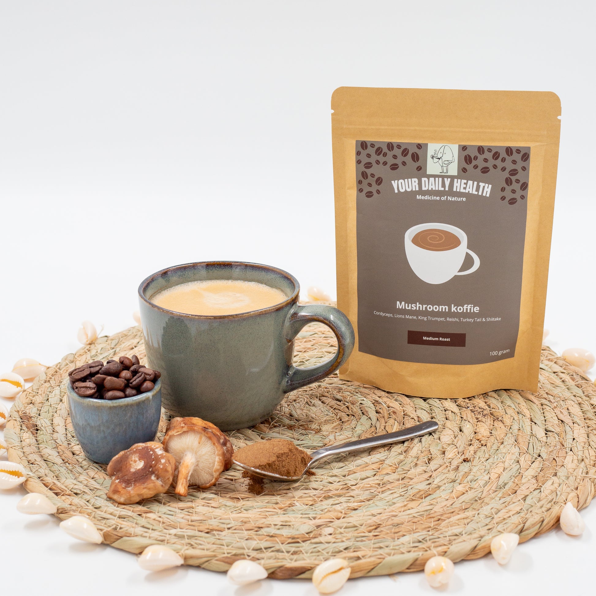 Biologische Arabica mushroom koffie verrijkt met Cordyceps voor extra energie en lion's mane voor meer focus